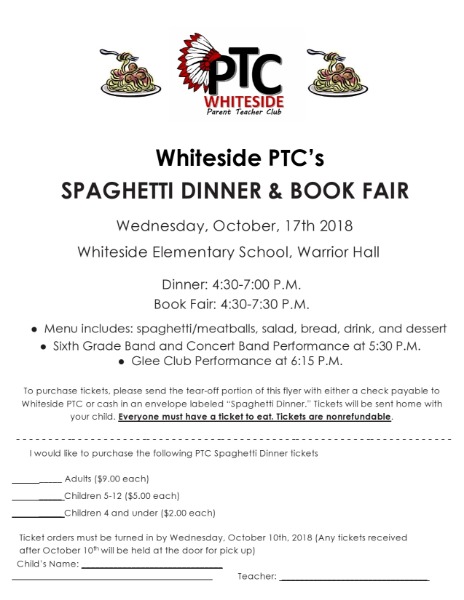 Whiteside PTC's Spaghetti Dinner and Book Fair